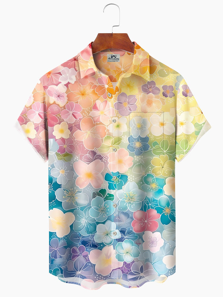 Alohadaddy Hawaiian Holiday Style Macron Color Flower Print Art Pocket Button Elastic Large Size Shirt