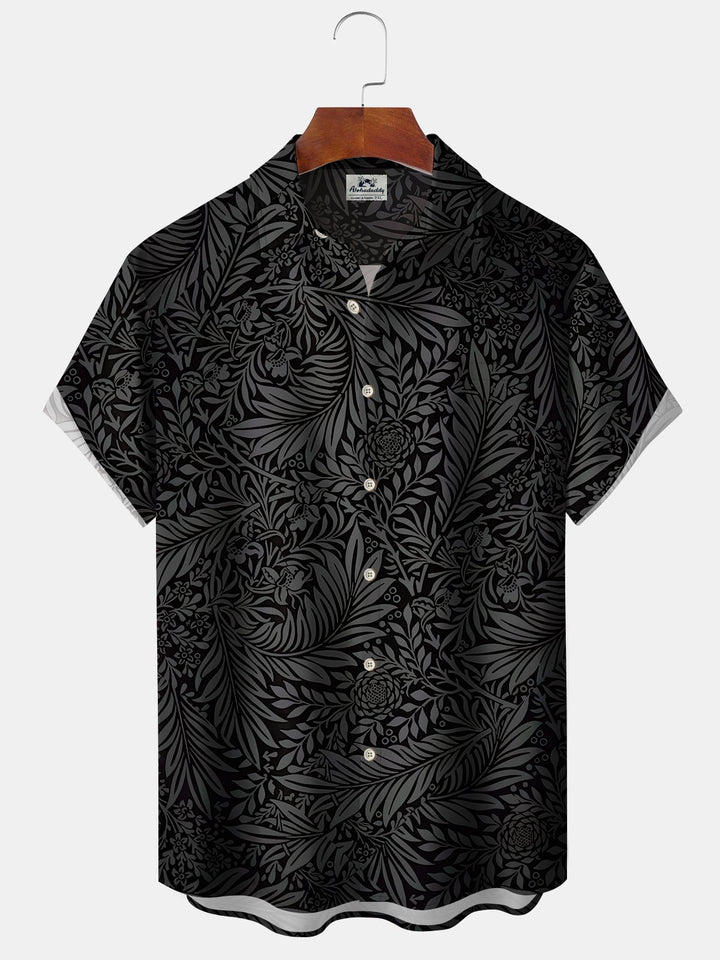 Alohadaddy Hawaiian Dark Pattern Plant Leaves Button Cardigan Pocket Elastic Large Size Short Sleeve Shirt