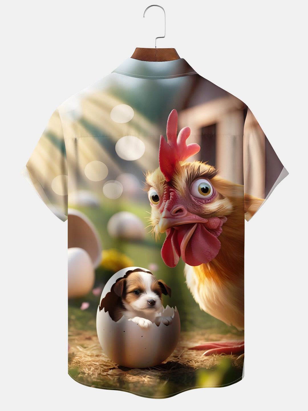 Alohadaddy Casual Collection Rooster Puppy Print Art Button Cardigan Pocket Elastic Oversized Short Sleeve Shirt