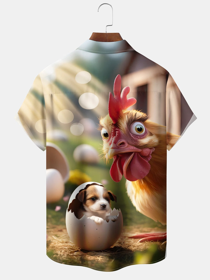 Alohadaddy Casual Collection Rooster Puppy Print Art Button Cardigan Pocket Elastic Oversized Short Sleeve Shirt
