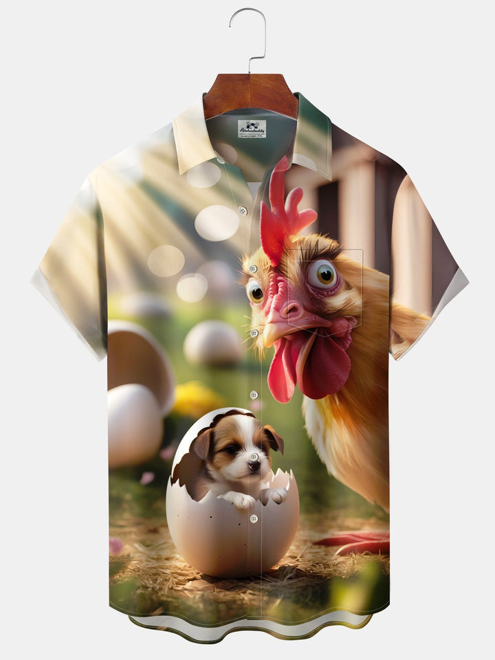 Alohadaddy Casual Collection Rooster Puppy Print Art Button Cardigan Pocket Elastic Oversized Short Sleeve Shirt