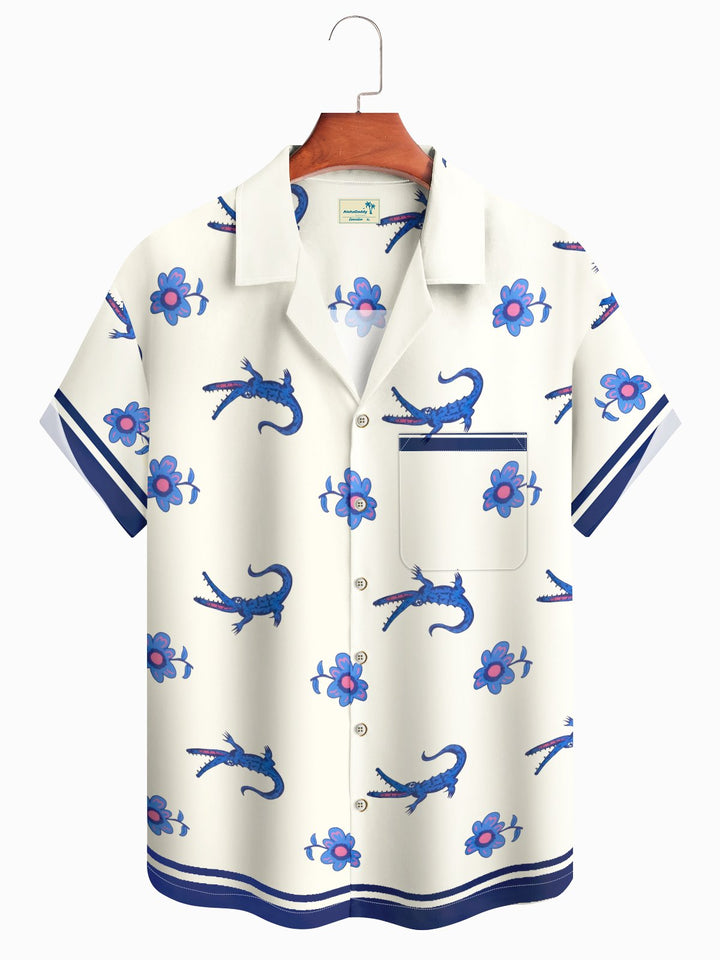 Alohadaddy Hawaiian Crocodile Flowers Art Print Button Cardigan Pockets Elastic Oversized Long Short Sleeve Shirt
