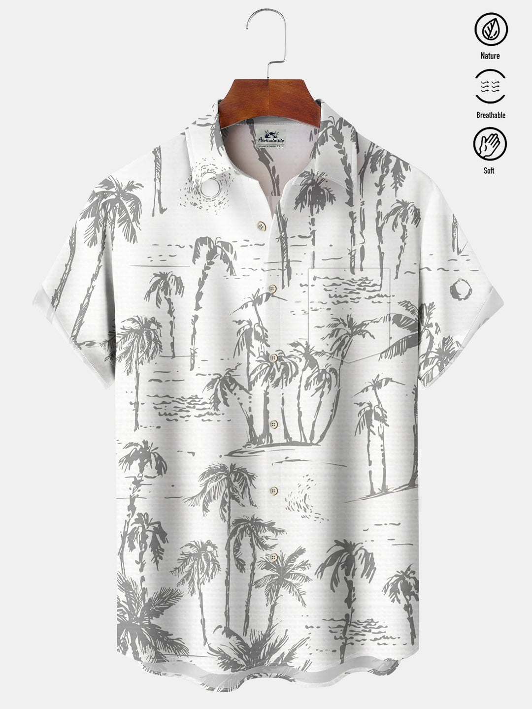 Alohadaddy Hawaiian Palm Tree Painting Art Button Cardigan Pockets Large Size Long Polyester Short Sleeve Shirt