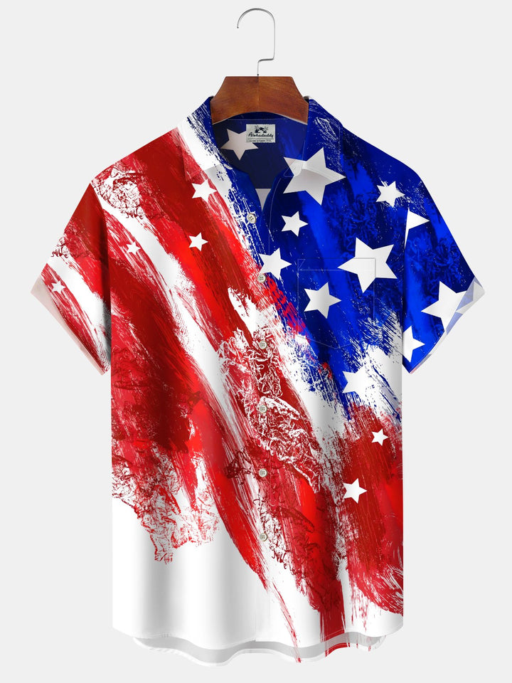 Alohadaddy Casual Collection American Flag Print Art Button Cardigan Pockets Elastic Oversized Short Sleeve Shirt