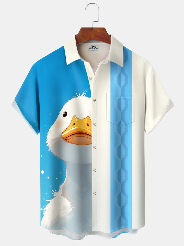 Alohadaddy Hawaiian Casual Vacation Contrast Stripes Big White Goose Print Art Button Cardigan Pocket Stretch Polyester Long Large Size Short Sleeve Shirt