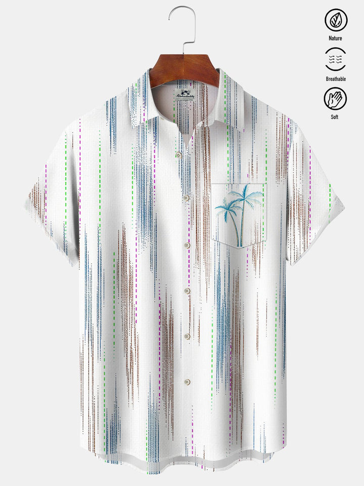 Alohadaddy Casual Daily Stripes Palm Trees Print Art Button Cardigan Pockets Breathable Soft Long Large Size Short Sleeve Shirt