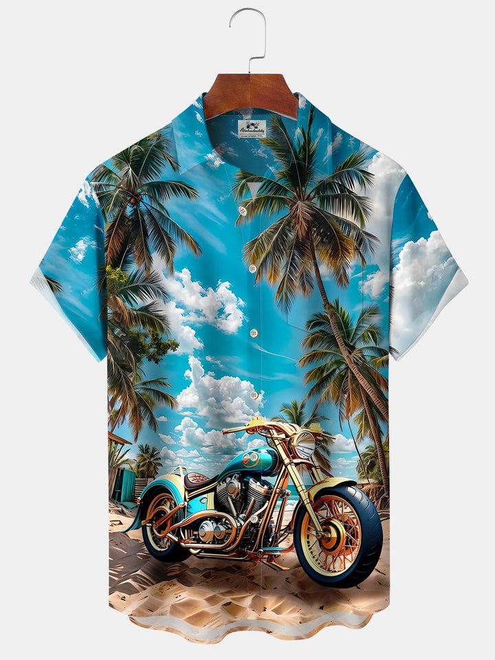 Alohadaddy Hawaiian Motorcycle Palm Tree Print Art Button Pocket Cardigan Stretch Large Size Short Sleeve Shirt