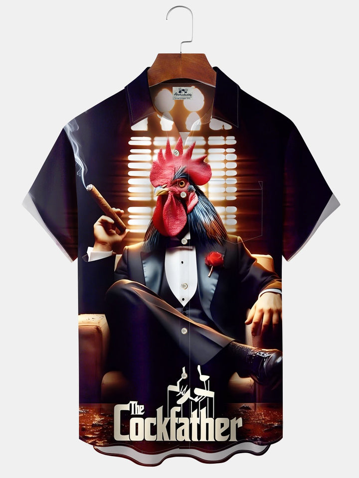 Alohadaddy Casual Collection Cigar Suit Rooster Print Art Button Cardigan Pockets Fresh Stretch Polyester Short Sleeve Shirt