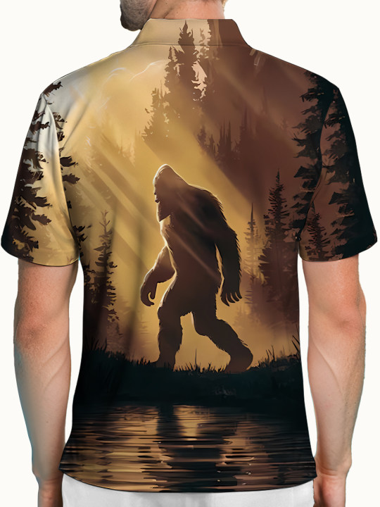 Alohadaddy Casual Everyday Bigfoot Print Art Stretch Large Size Button Short Sleeve POLO Shirt