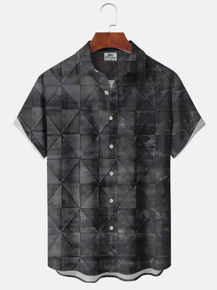 Alohadaddy Casual Collection Daily Geometric Triangle Print Art Button Cardigan Pocket Polyester Stretch Short Sleeve Shirt
