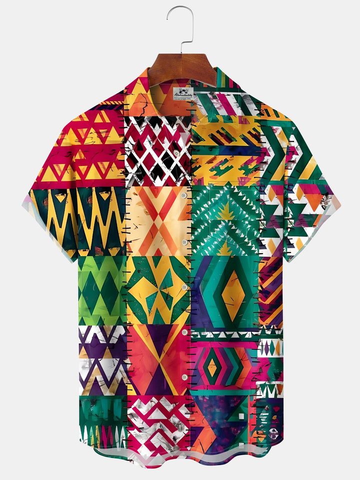 Alohadaddy Moisture Wicking Geometric Democratic Graphics Print Art Chest Pocket Stretch Hawaiian Short Sleeve Shirt