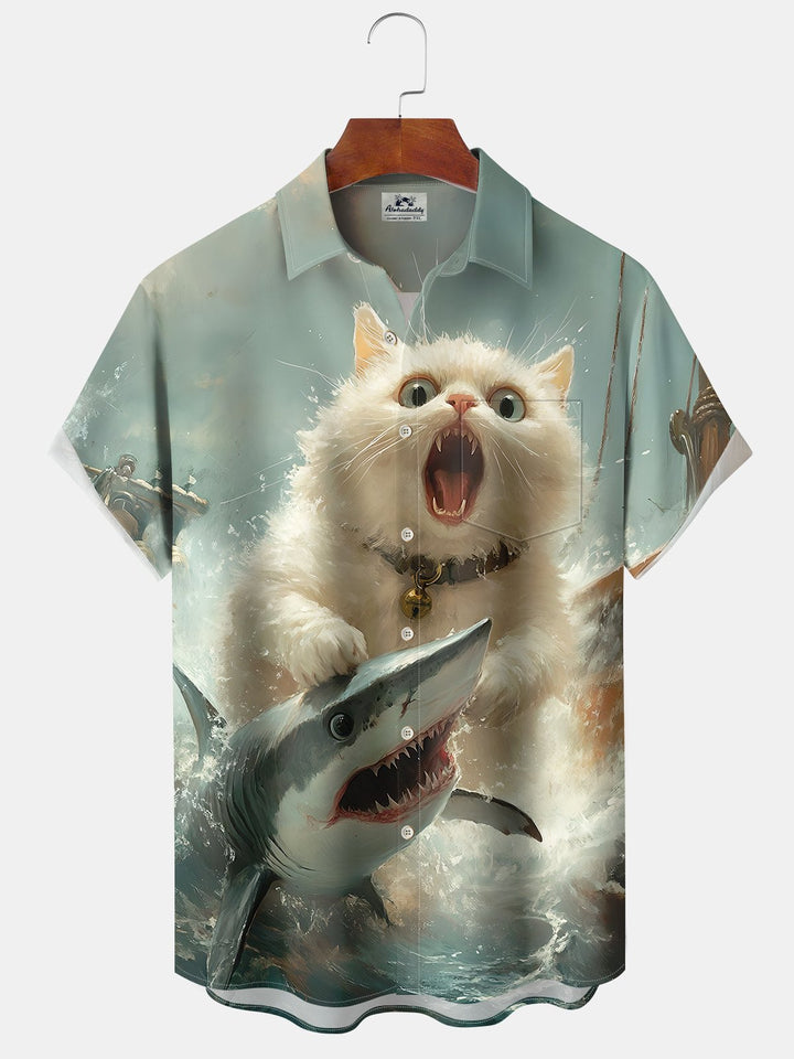 Alohadaddy Vintage Oil Painting Cat Shark Print Art Moisture Wicking Chest Pocket Hawaiian Short Sleeve Shirt