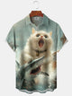 Alohadaddy Vintage Oil Painting Cat Shark Print Art Moisture Wicking Chest Pocket Hawaiian Short Sleeve Shirt