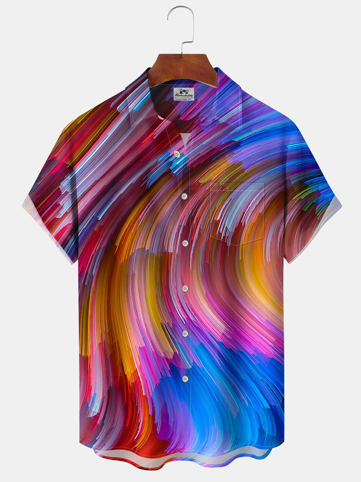 Alohadaddy Abstract Art Stripes Printed Art Chest Pocket Large Size Hawaiian Short Sleeve Shirt