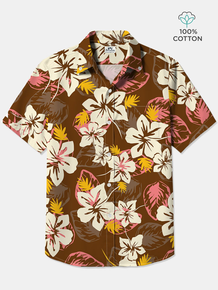 Alohadaddy Cotton Hibiscus Flower Art Print Chest Pocket Cardigan Large Size Long Hawaiian Short Sleeve Shirt