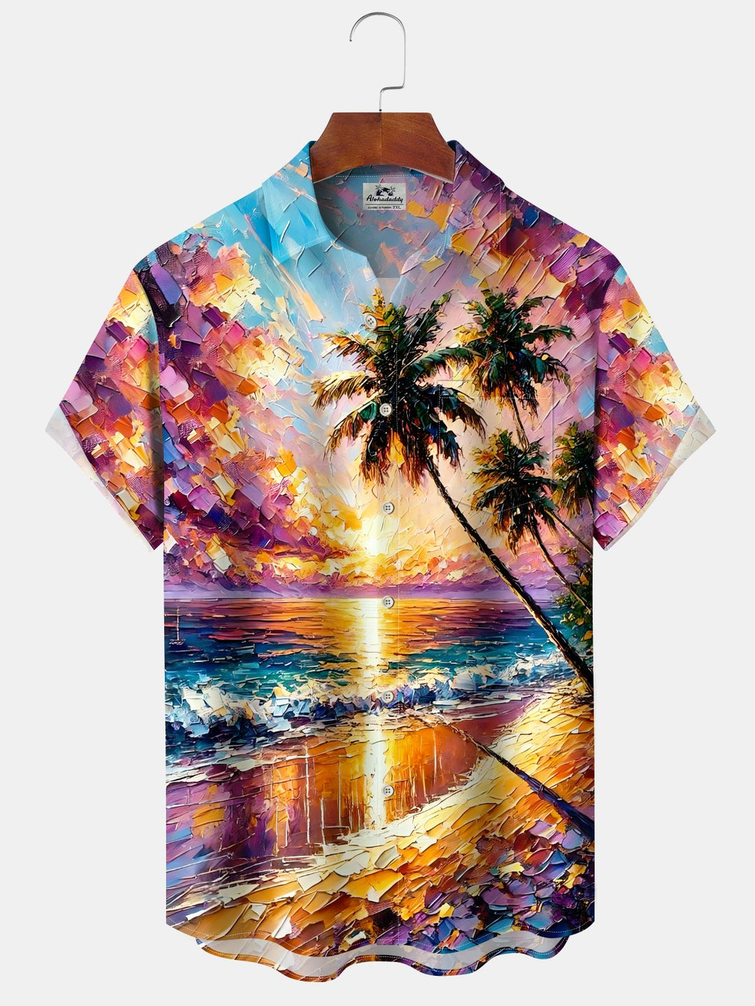 Alohadaddy® Seaside Painting Palm Trees Print Art Chest Pocket Large Size Long Hawaiian Men&