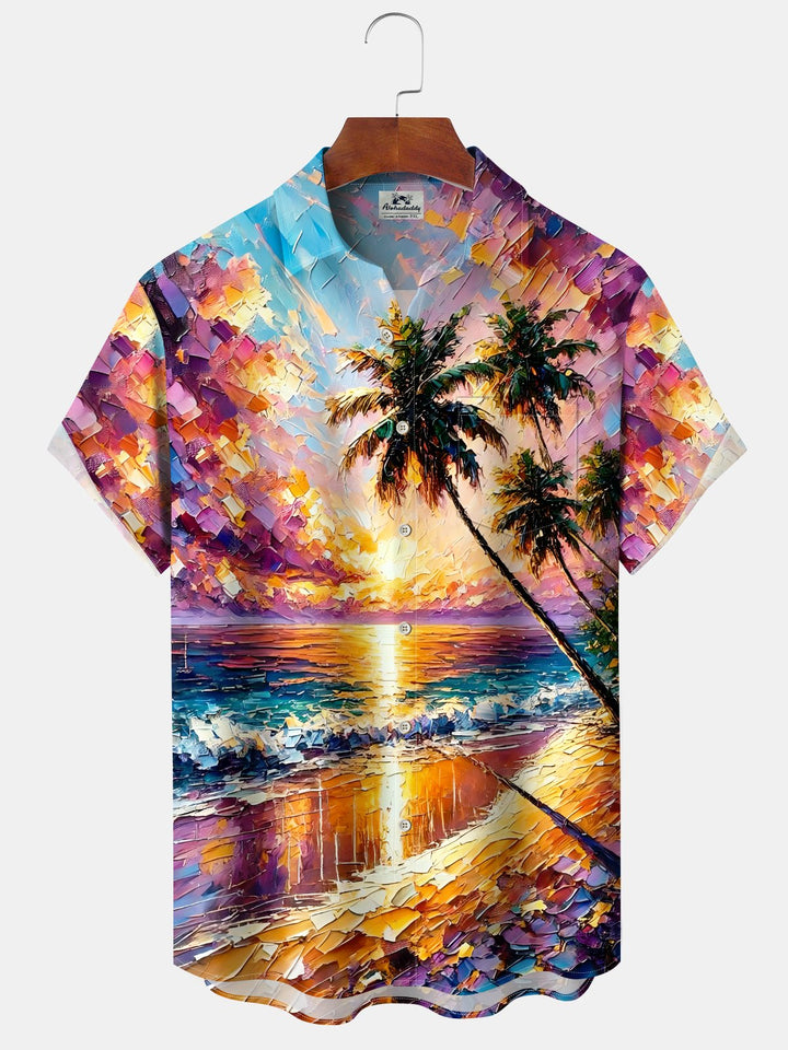 Alohadaddy® Seaside Painting Palm Trees Print Art Chest Pocket Large Size Long Hawaiian Men&