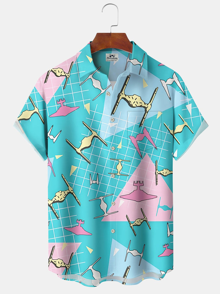 Alohadaddy® Casual Geometric Star Wars Art Print Chest Pocket Stretch Oversized Hawaiian Shirt