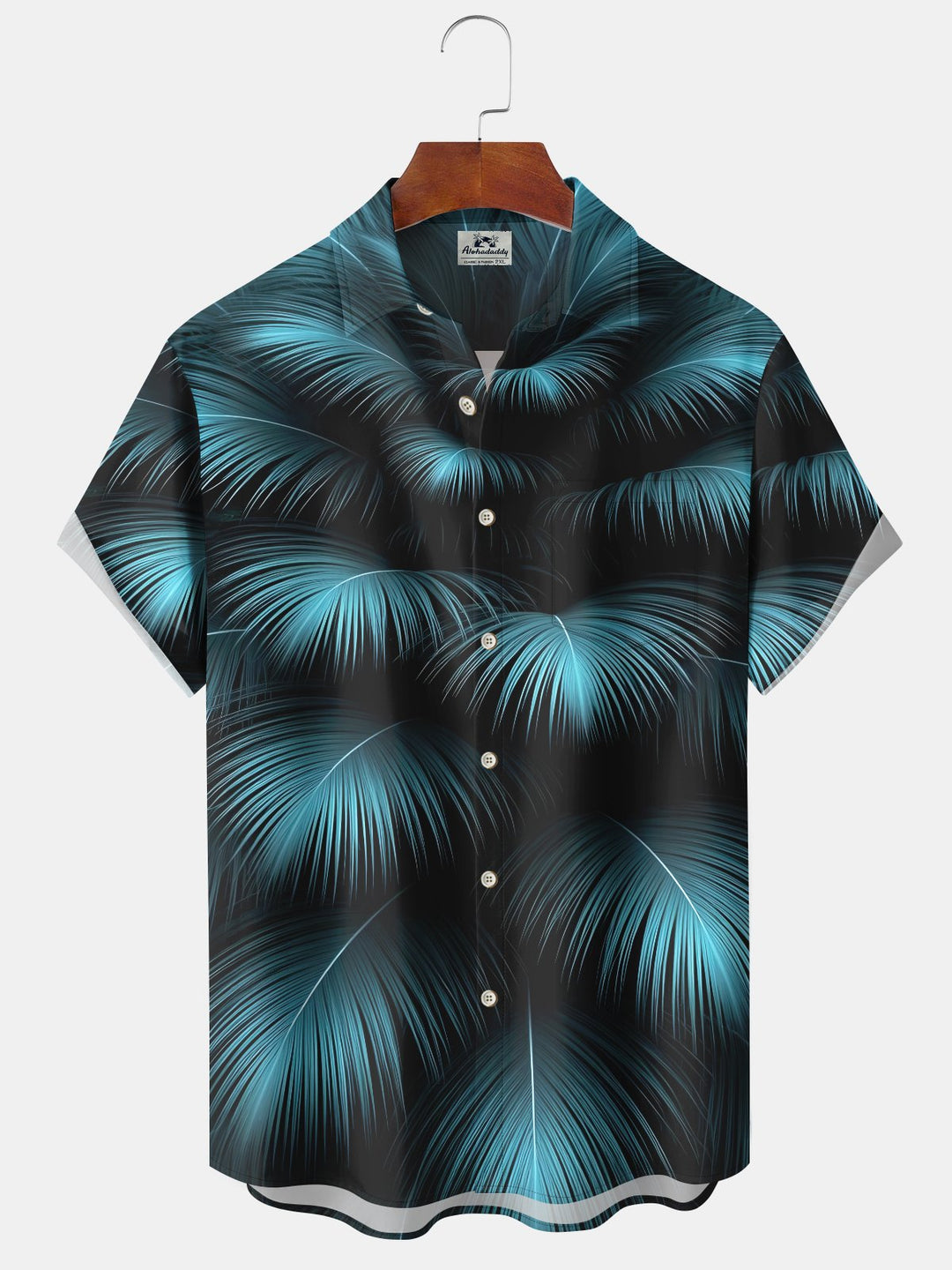 Alohadaddy® Casual Palm Leaves Black Print Art Chest Pocket Moisture Wicking Large Size Hawaiian Shirt