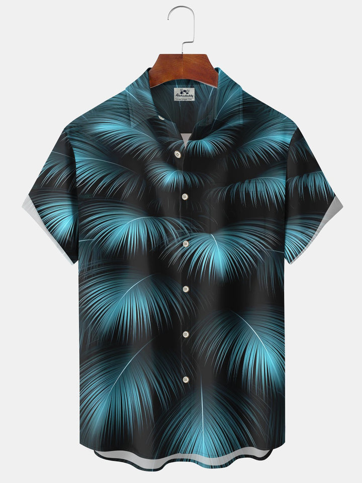 Alohadaddy® Casual Palm Leaves Black Print Art Chest Pocket Moisture Wicking Large Size Hawaiian Shirt