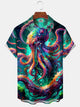 Alohadaddy® Graffiti Octopus Art Print Chest Pocket Moisture Wicking Large Size Long Men's Hawaiian Shirt