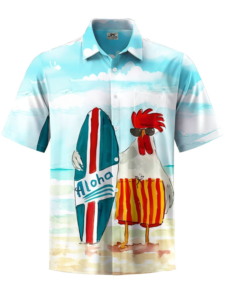 Alohadaddy® Hawaii Rooster Surf Print Chest Pocket Men&