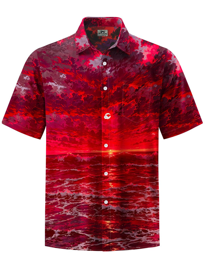 Alohadaddy® Hawaiian Wave Sunset Print Art Chest Pocket Men&