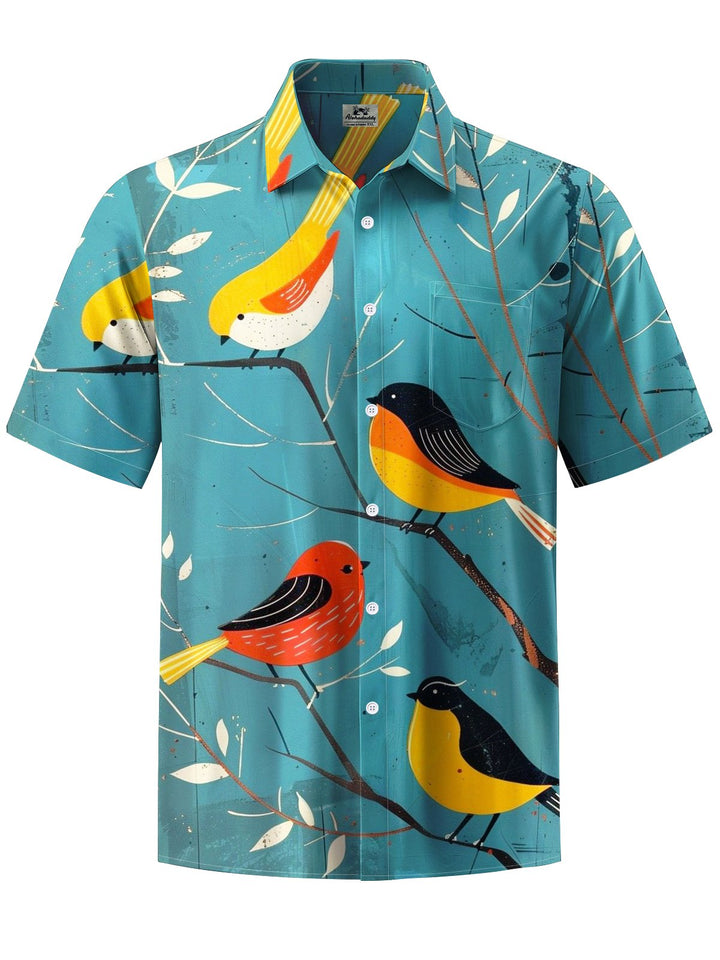 Alohadaddy® Vintage Bird Art Print Chest Pocket Mens Short Sleeve Shirt Big &amp; Tall