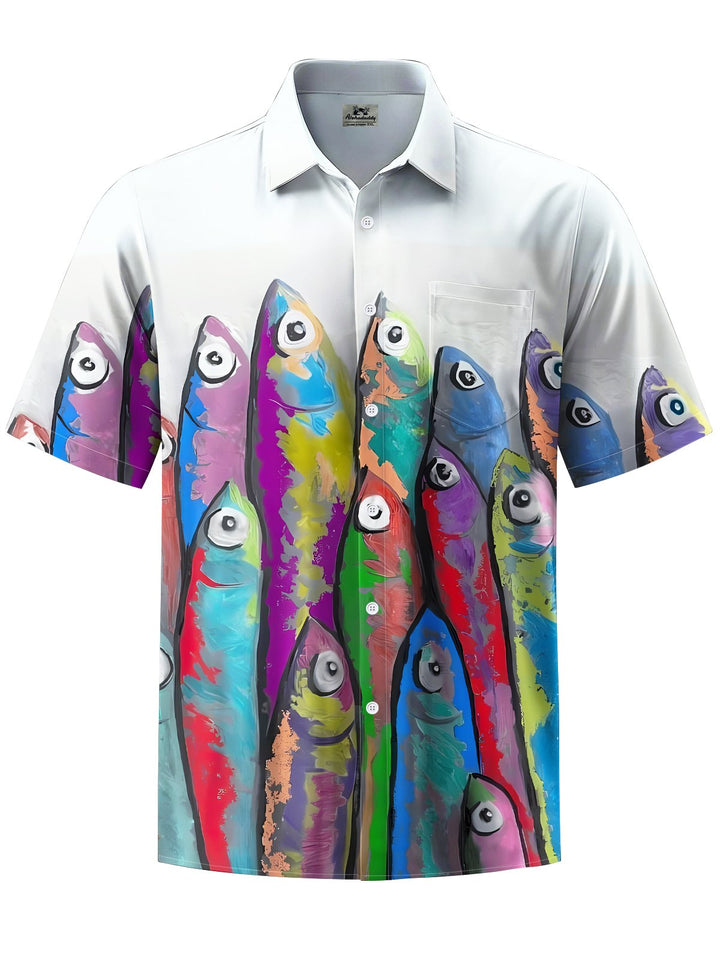 Alohadaddy® Vintage Fish Art Print Chest Pocket Moisture Wicking Men&