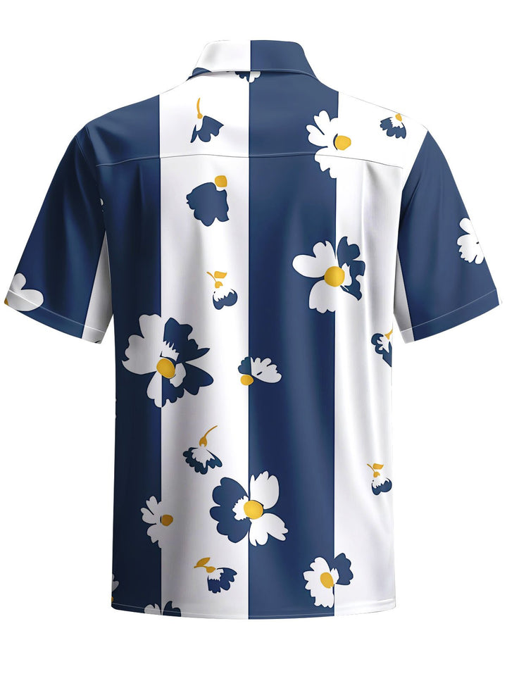 Alohadaddy® Casual Stripes Flowers Art Print Chest Pocket Mens Short Sleeve Shirt Big &amp; Tall