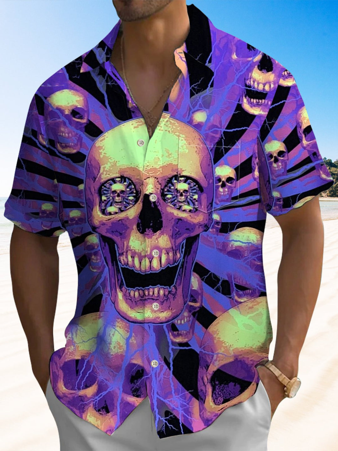 Alohadaddy® Casual Skull Art Print Chest Pocket Moisture-Wicking Men&