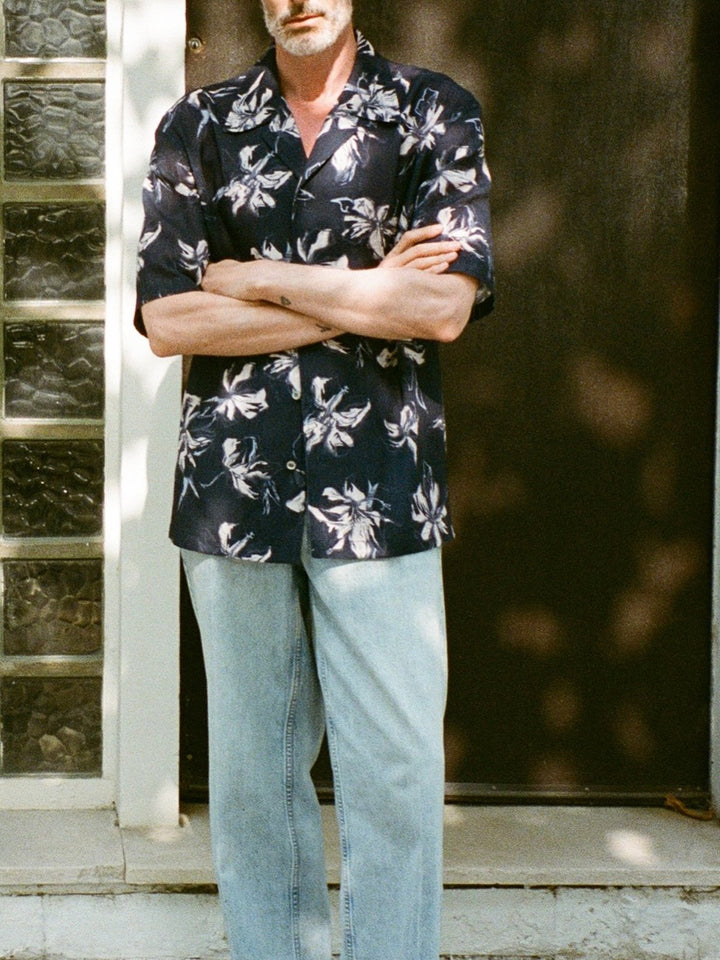 Alohadaddy® Vintage Floral Art Print Cuban Collar Stretch Men&