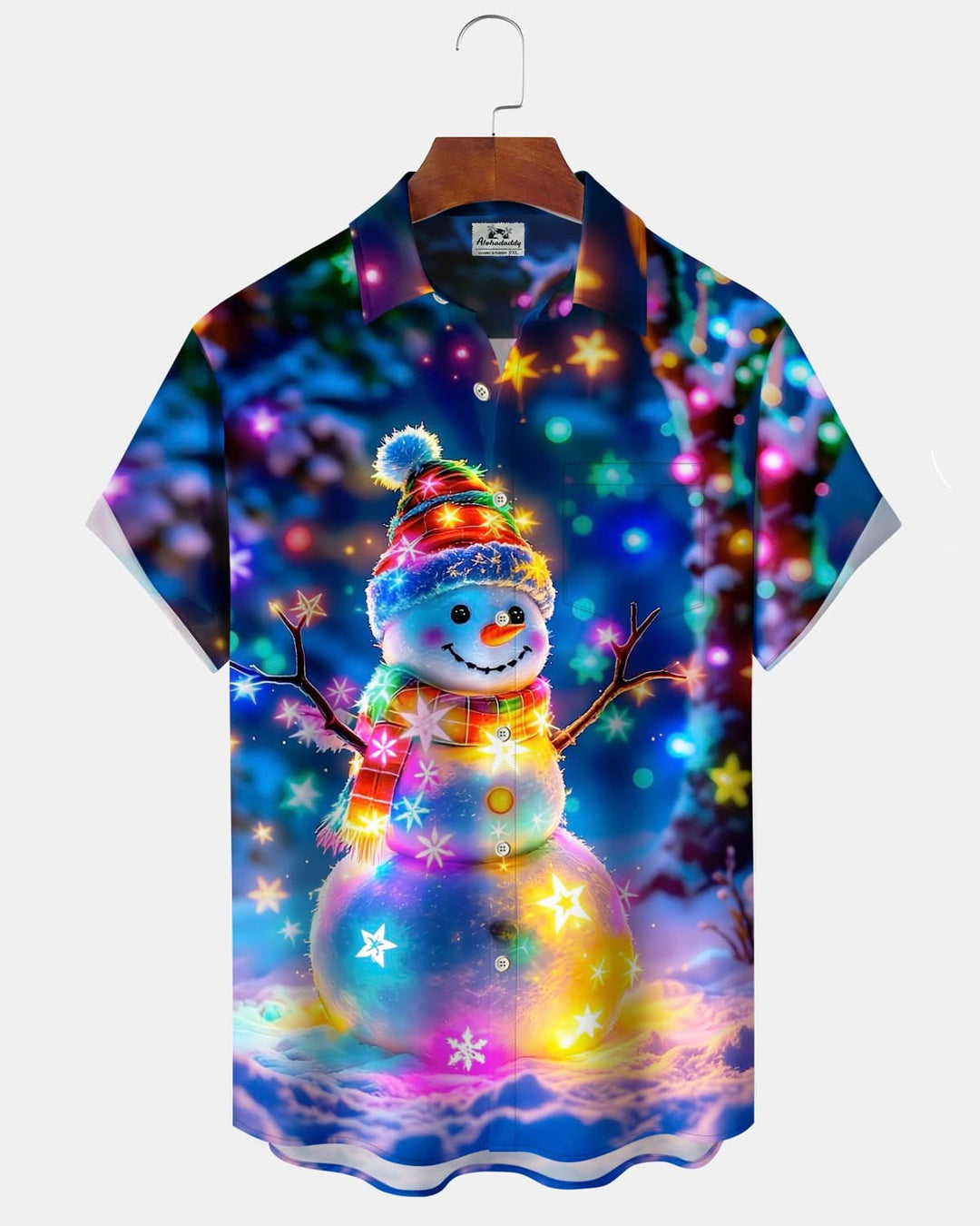 Alohadaddy® Christmas Snowman and Christmas Tree Print Blue Pocket Button Men&
