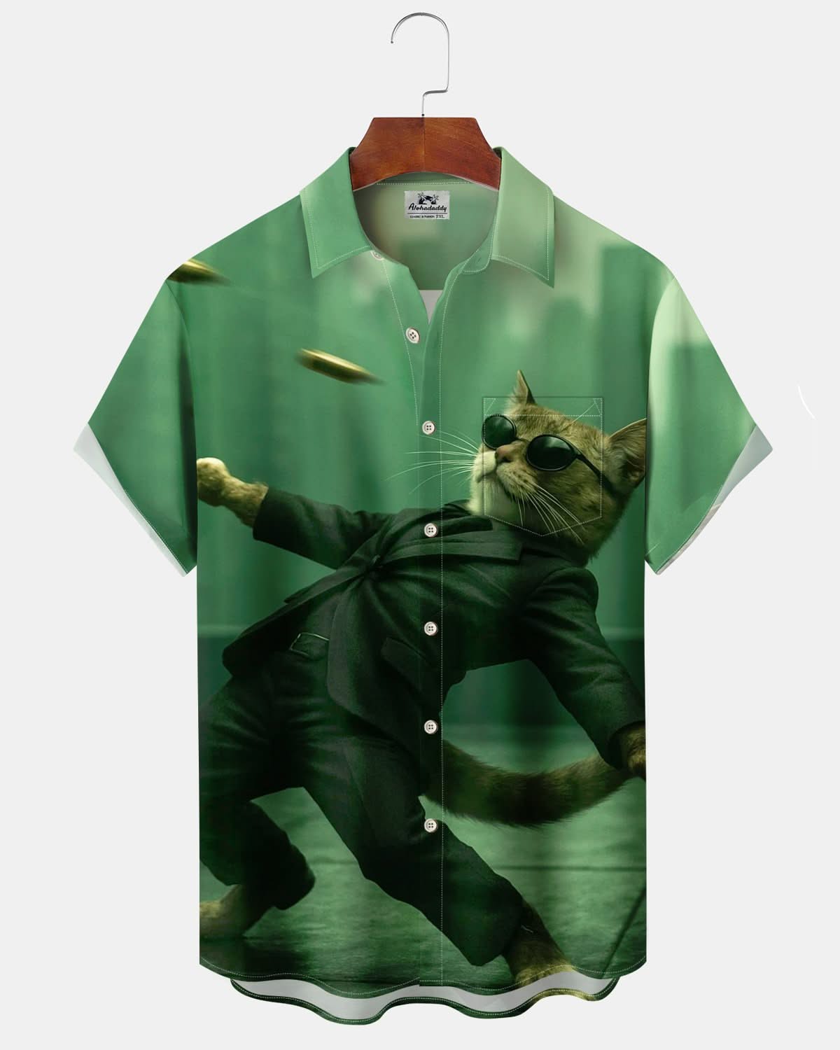 Alohadaddy® Retro Matrix Suit Cat Print Art Pocket Button Men's Short Sleeve Shirt Big & Tall