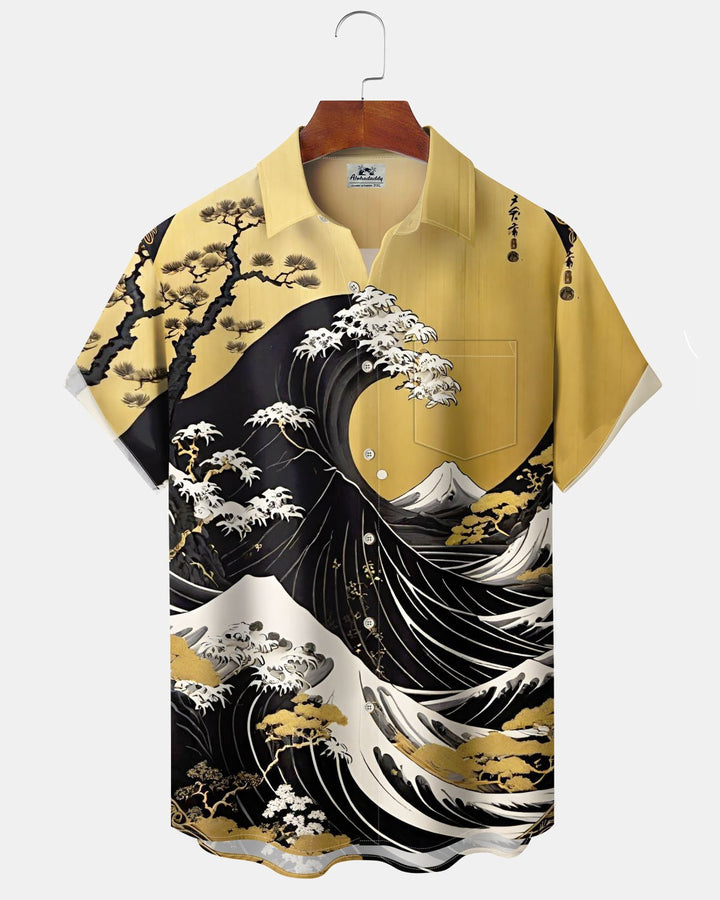 Alohadaddy® Vintage Ukiyo-e Print Art Pocket Button Stretch Men&