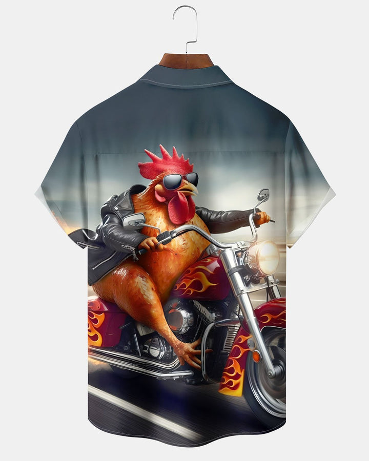 Alohadaddy® Casual Punk Rooster Motorcycle Print Art Pocket Button-Down Men&