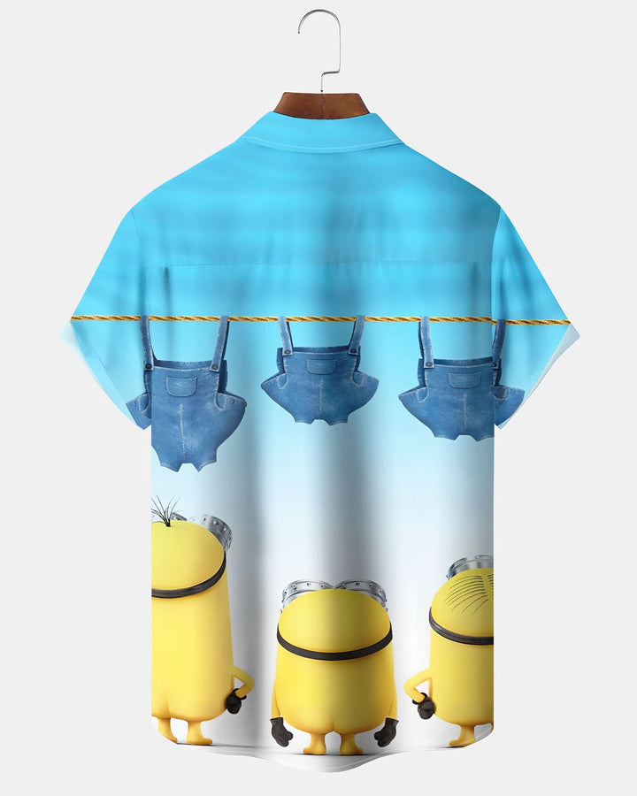 Alohadaddy® Hawaiian Minions Cartoon Print Art Pocket Button-Up Men&