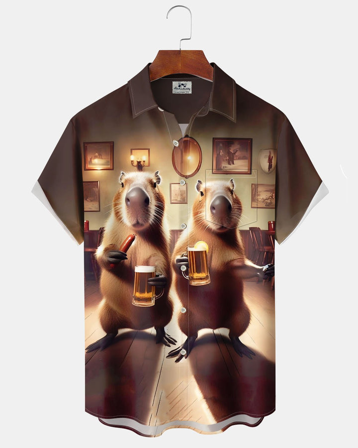 Alohadaddy® Casual and Fun Groundhog Print Art Button-Down Short-Sleeve Shirt with Pockets for Men Big &amp; Tall