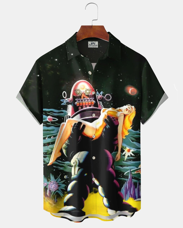 Alohadaddy® Retro Star Wars Poster Art Print Cardigan with Pockets and Buttons for Men - Short Sleeve Shirt Big &amp; Tall