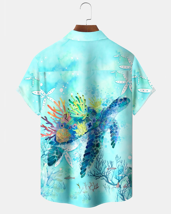 Alohadaddy® Hawaiian Turtle Print Art Button Pocket Cardigan Men&