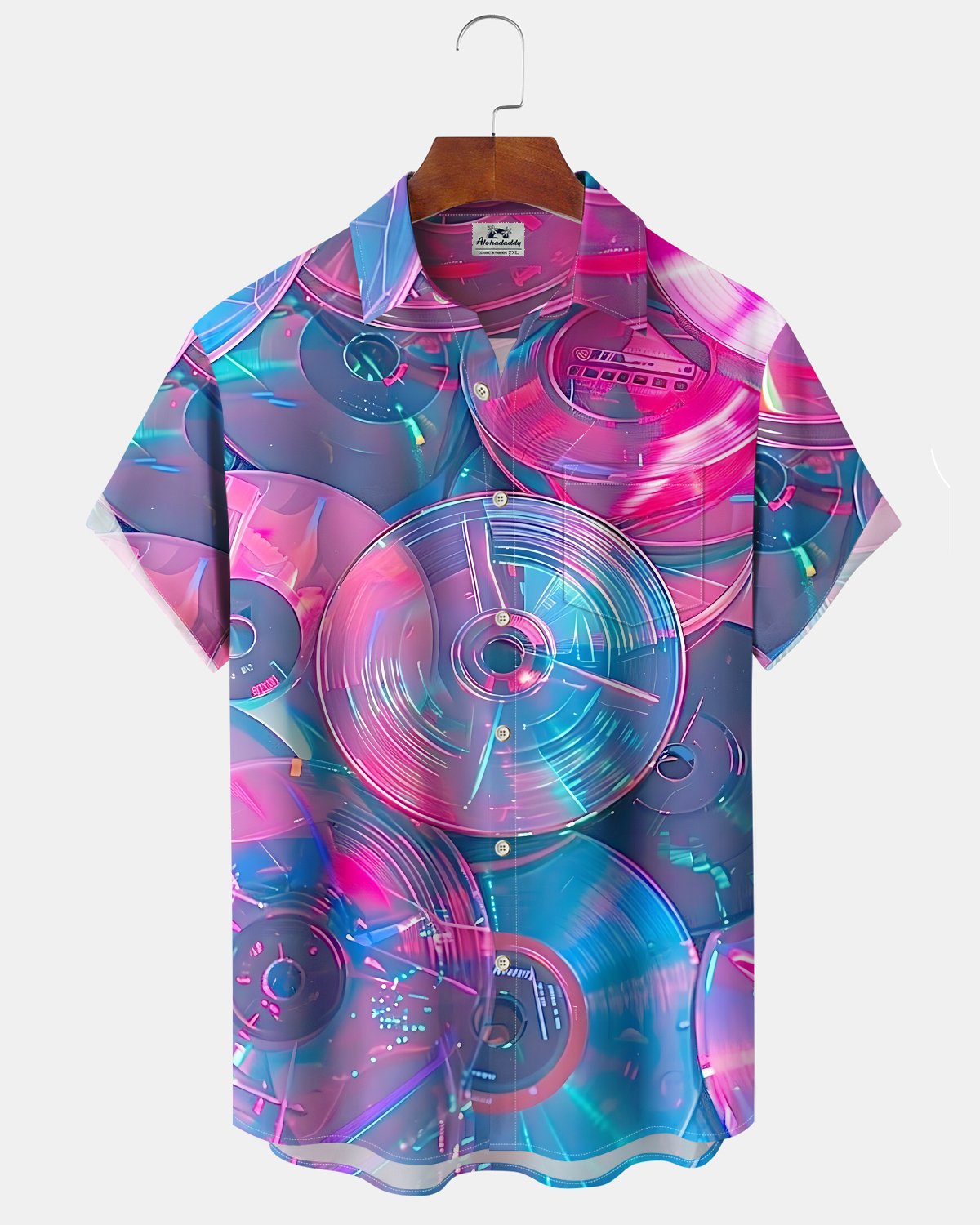 Alohadaddy® Vintage Disc Print Art Button Pocket Cardigan Men's Short Sleeve Shirt