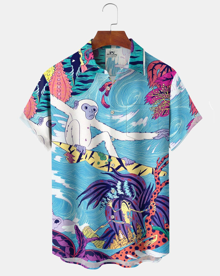 Alohadaddy® Hawaiian Monkey Print Art Button Pocket Cardigan Men&