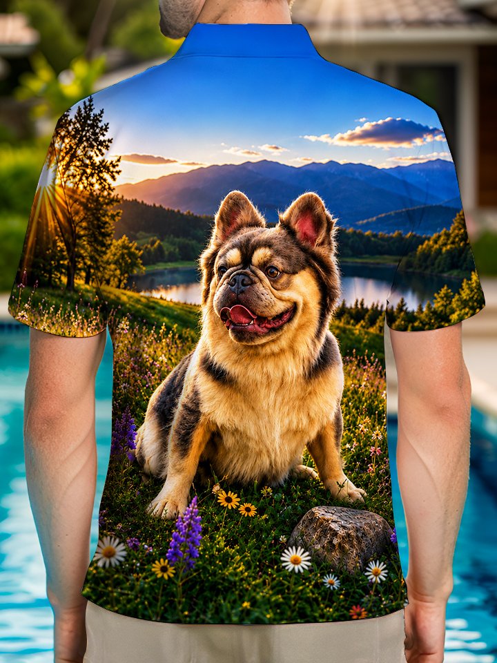 Alohadaddy® Hawaiian Dog Vacation Print Art Short-Sleeve Stretch Plus Size Men&
