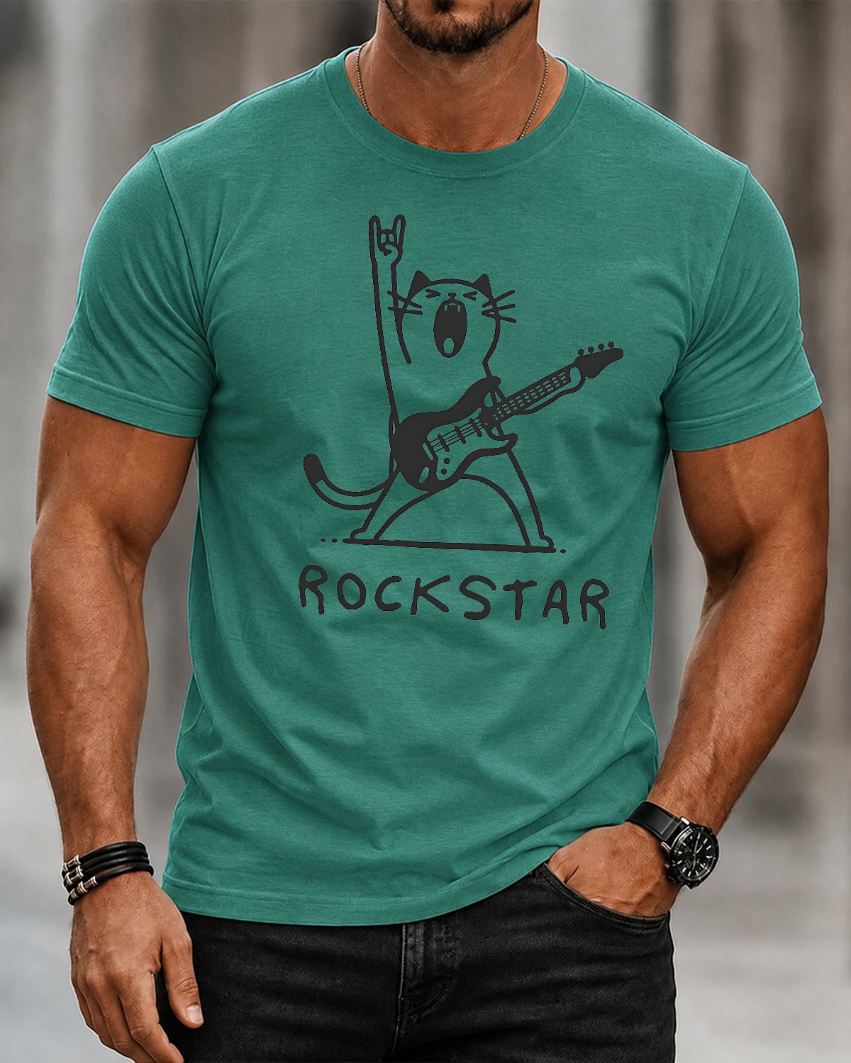 Alohadaddy® Casual Short-Sleeve T-Shirt Guitar-Playing Cat Design