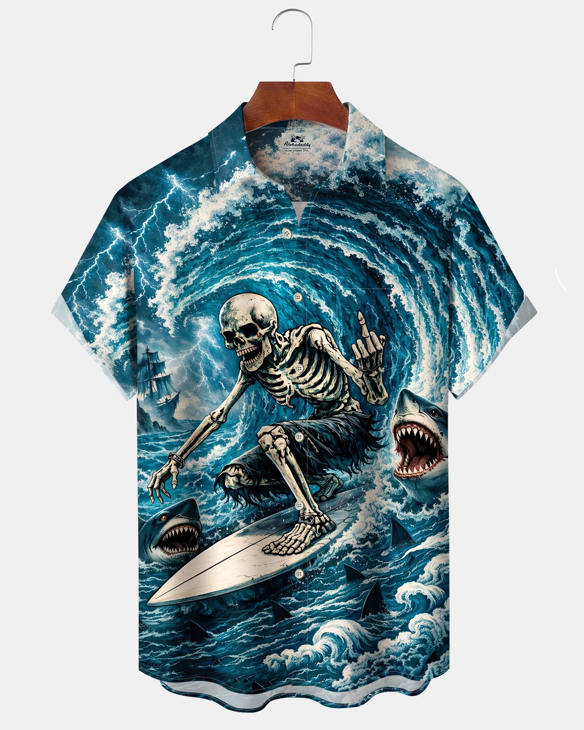 Alohadaddy® Men's Short-Sleeve Button-Down Shirt Skull Surfer Graphic Print with Chest Pocket
