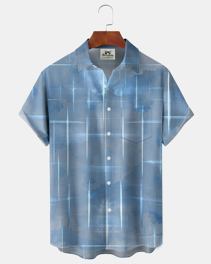 Alohadaddy® Men’s Basic Casual Blue Plaid Grid Retro Print Button Down Short-Sleeve