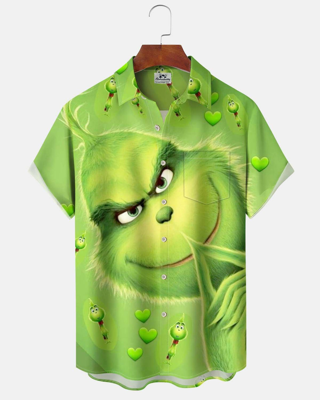 Alohadaddy® Holiday Grinch-Print Button-Down Short-Sleeve Shirt with Pocket for Men
