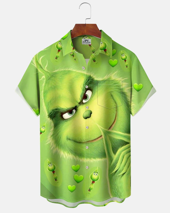 Alohadaddy® Holiday Grinch-Print Button-Down Short-Sleeve Shirt with Pocket for Men