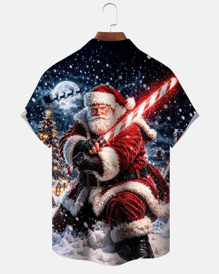 Alohadaddy® Holiday/Christmas Print Button-Down Short-Sleeve Men’s Cardigan Shirt with Pocket