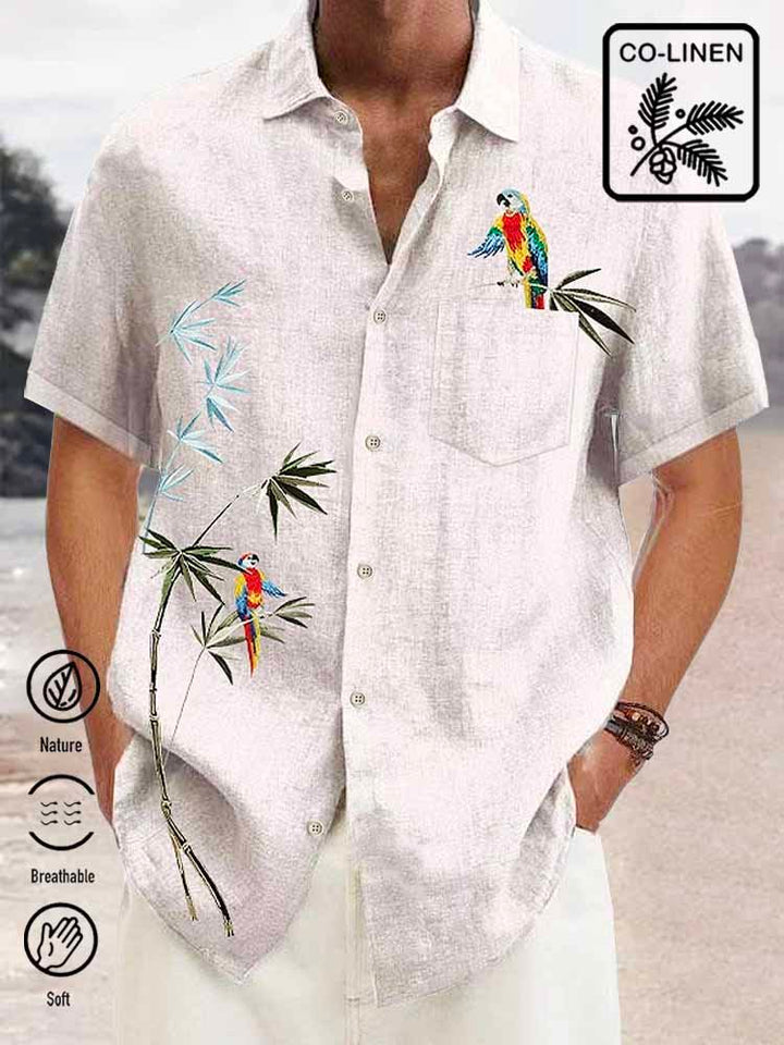Alohadaddy Green Linen Cotton Parrot Print Chest Bag Vintage Shirt Plus Size Shirt